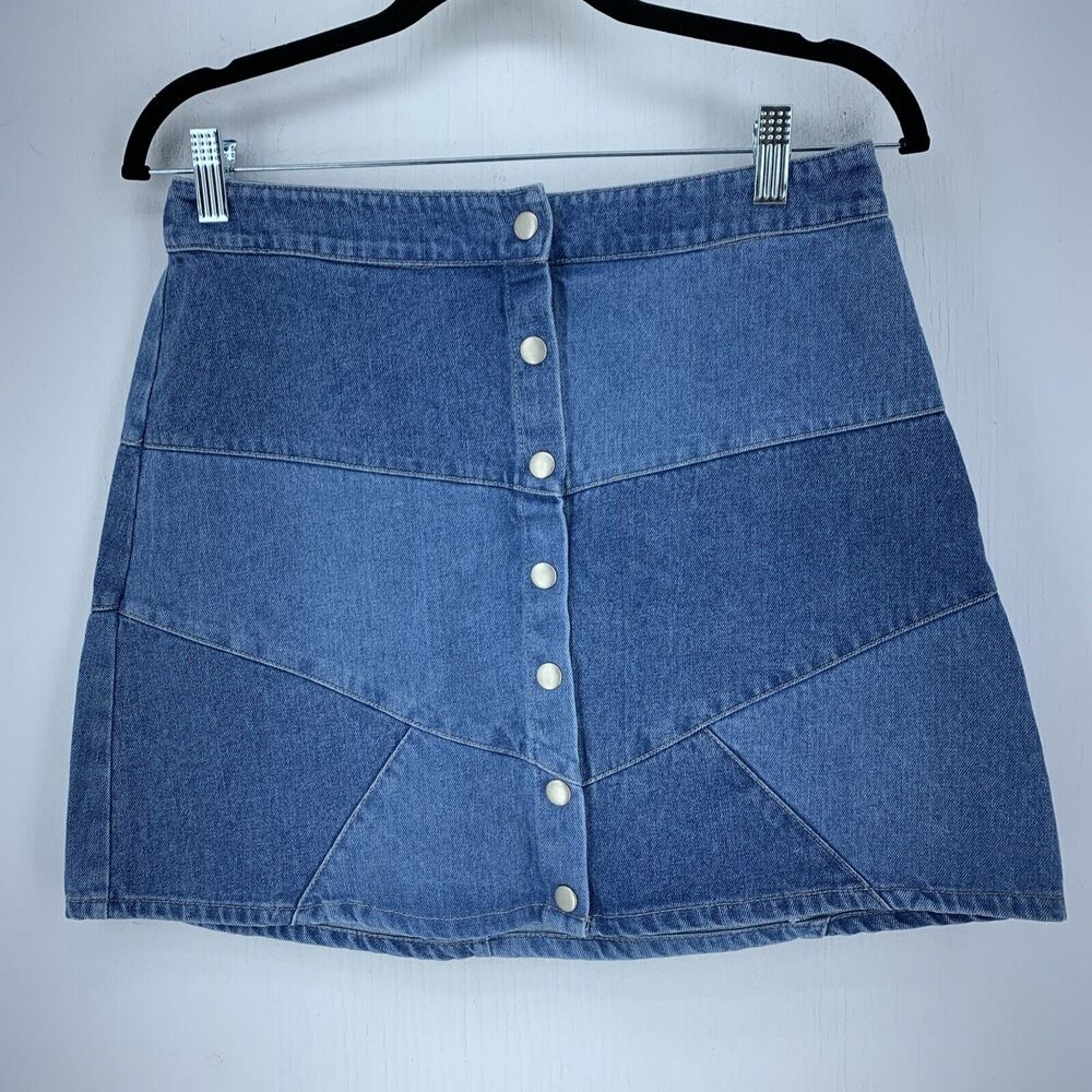 Luxe Womens Medium Patchwork Denim Skirt Boho Hippie Festival Beach Coastal Blue